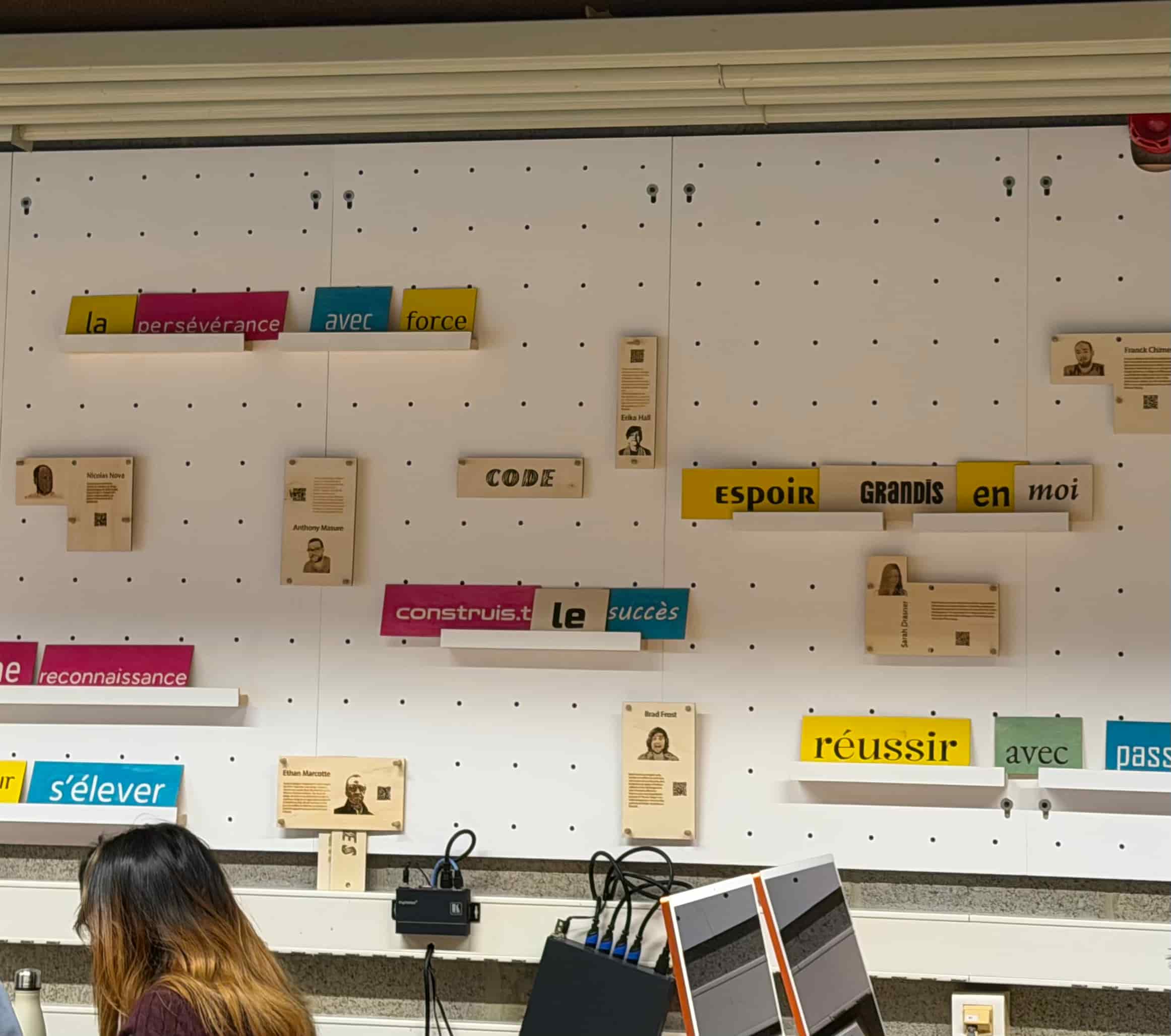 photo du panneau blanc qui se trouve dans le local b74 où des mots sont disposés dessus